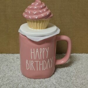 Rae Dunn Pink Happy Birthday Cupcake Lid Cover Mug New